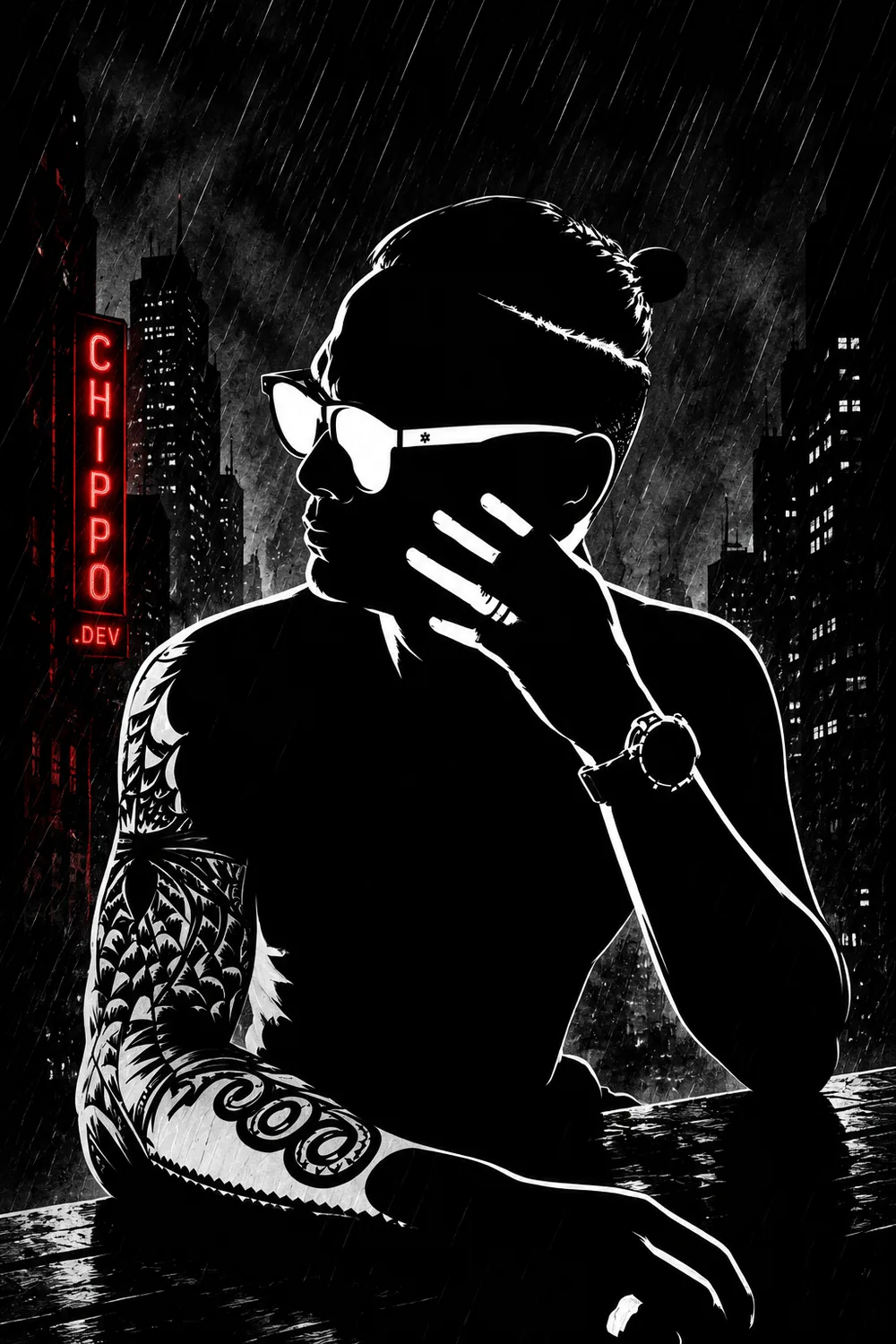Stylised cyber-noir portrait representing Chippo Ångman